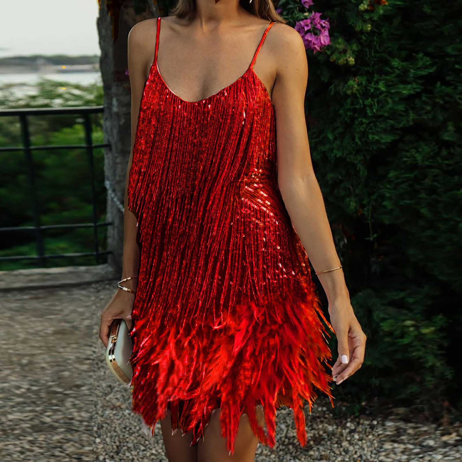 Cotonie Sequin Dress for Women Elegant Tassels Sequin Fringe Flapper  Dresses Sexy Spaghetti Straps Mini Dancewear Dress